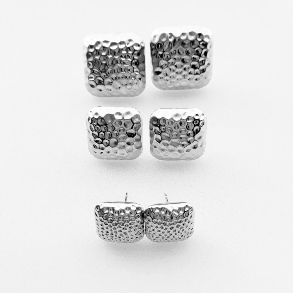 Vintage Stud Earrings Dimple Silver Square 3-pair